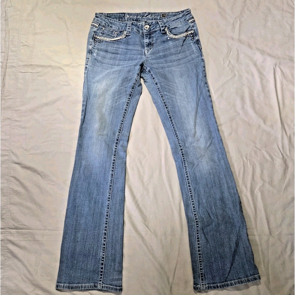 Grace In LA Jeans Womens 29 Straight Low Rise Bootcut Rhinestone Embellished Y2K